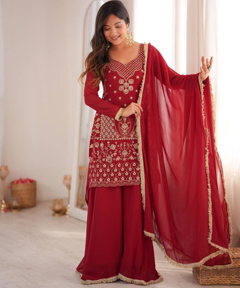 Dark-red georgette embroidered palazzo set