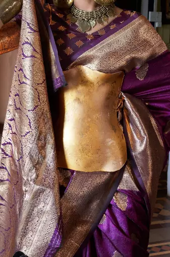 purple floral woven design zari banarasi silk blend saree