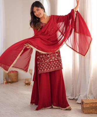 Dark-red georgette embroidered palazzo set 2