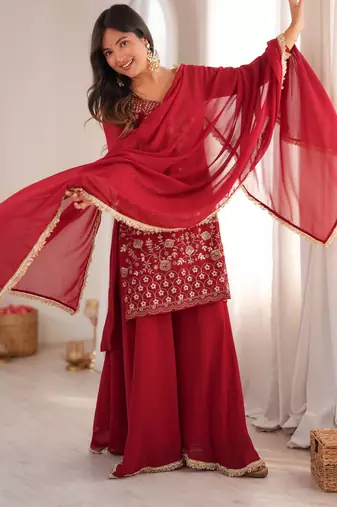 Dark-red georgette embroidered palazzo set
