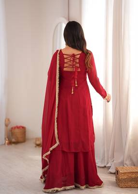 Dark-red georgette embroidered palazzo set 3