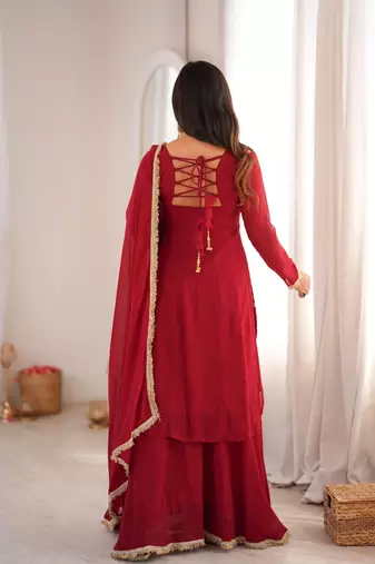 Dark-red georgette embroidered palazzo set