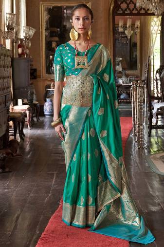 green woven design zari banarasi silk blend saree