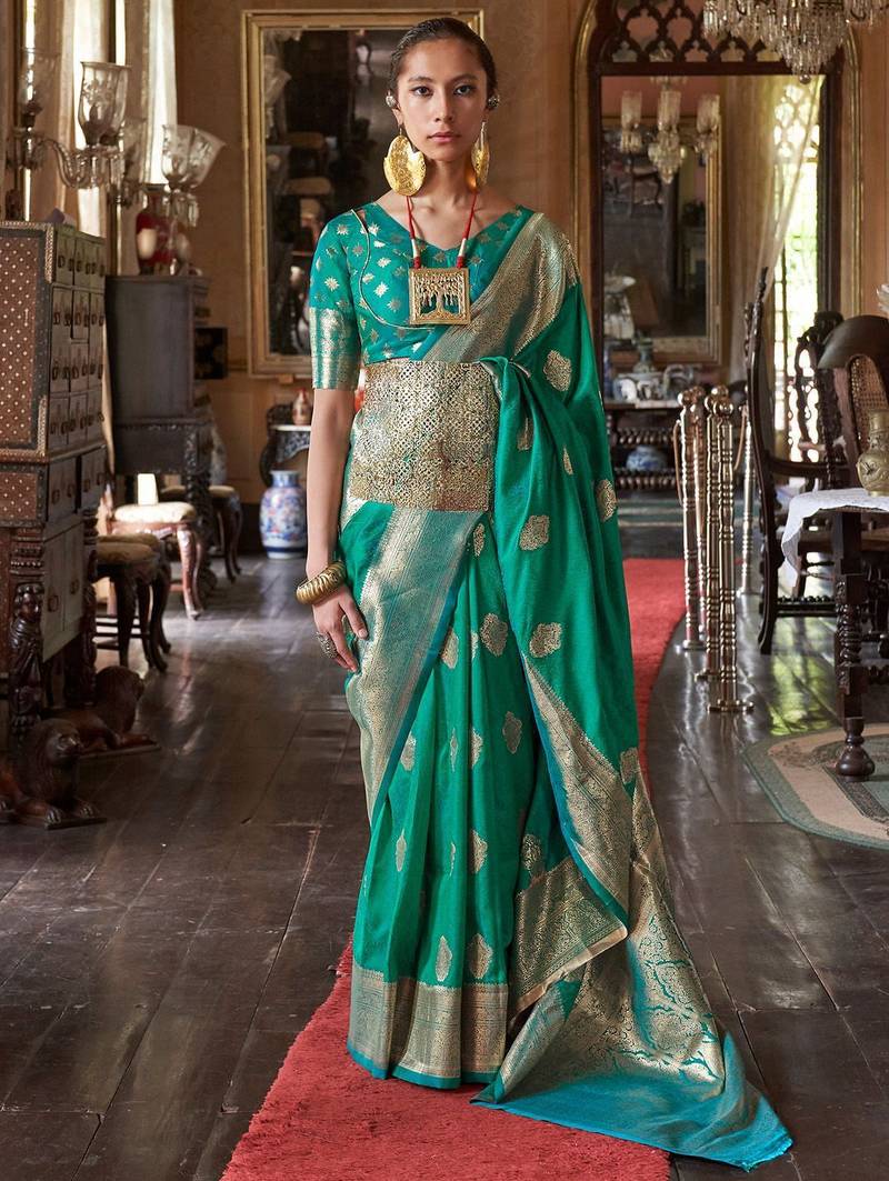 green woven design zari banarasi silk blend saree