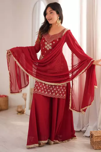 Dark-red georgette embroidered palazzo set