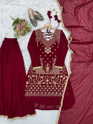 Dark-red georgette embroidered palazzo set 5