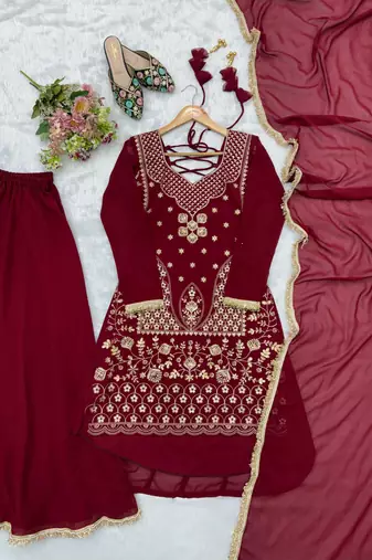 Dark-red georgette embroidered palazzo set
