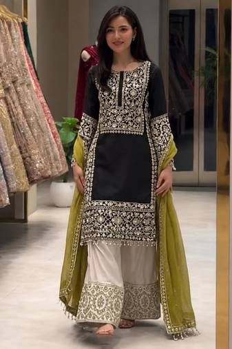 Black silk blend embroidered palazzo set