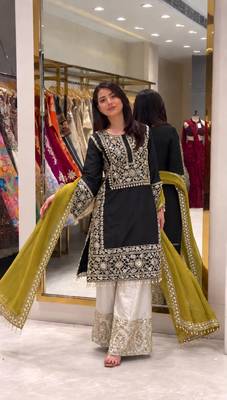 Black silk blend embroidered palazzo set 2