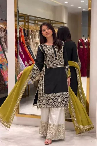 Black silk blend embroidered palazzo set