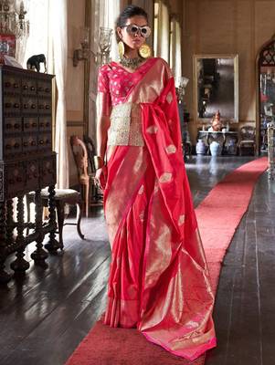 pink ethnic motifs woven design zari banarasi silk blend saree 1