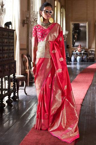pink ethnic motifs woven design zari banarasi silk blend saree