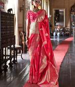 pink ethnic motifs woven design zari banarasi silk blend saree