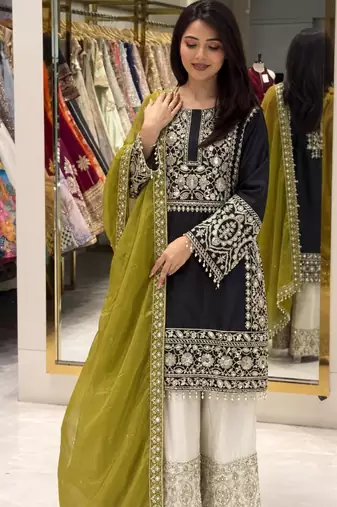Black silk blend embroidered palazzo set