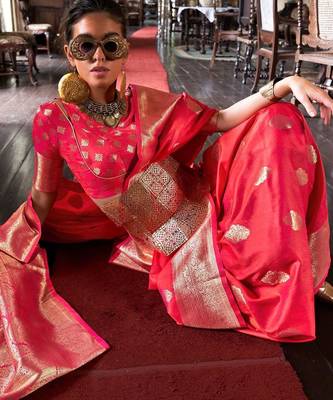 pink ethnic motifs woven design zari banarasi silk blend saree 2
