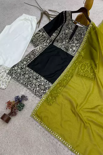 Black silk blend embroidered palazzo set