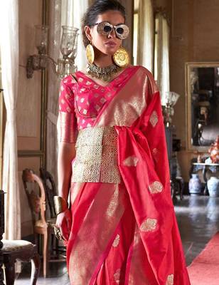 pink ethnic motifs woven design zari banarasi silk blend saree 3