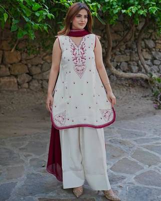 White silk blend embroidered farshi salwar set 2