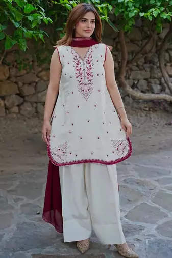 White silk blend embroidered farshi salwar set