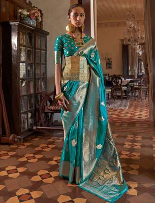 blue women woven design zari banarasi silk blend saree 1