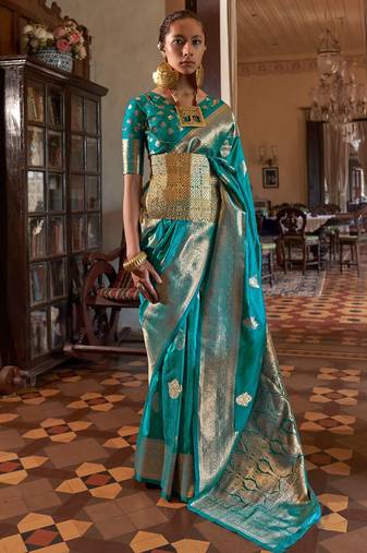 blue women woven design zari banarasi silk blend saree
