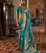 blue women woven design zari banarasi silk blend saree