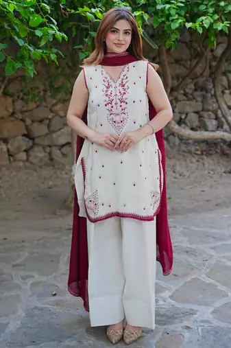 White silk blend embroidered farshi salwar set