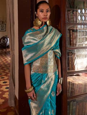 blue women woven design zari banarasi silk blend saree 2