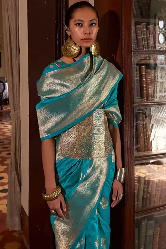 blue women woven design zari banarasi silk blend saree