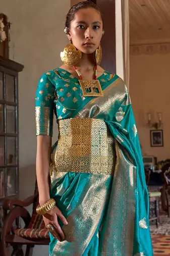 blue women woven design zari banarasi silk blend saree