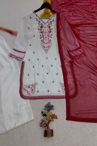 White silk blend embroidered farshi salwar set