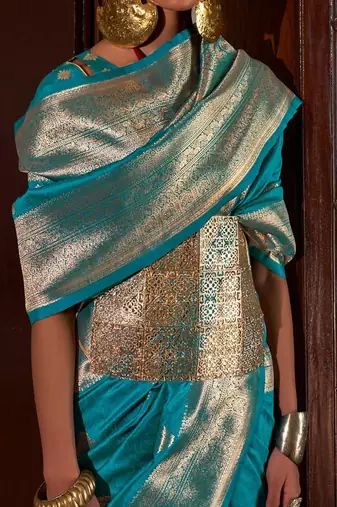 blue women woven design zari banarasi silk blend saree