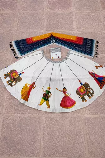 white printed satin navratri lehenga choli set