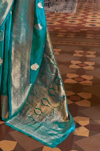 blue women woven design zari banarasi silk blend saree