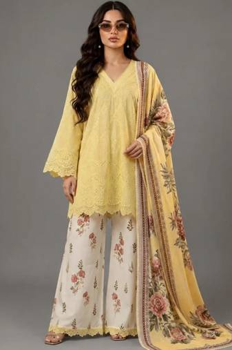 Yellow cotton poly embroidered palazzo set