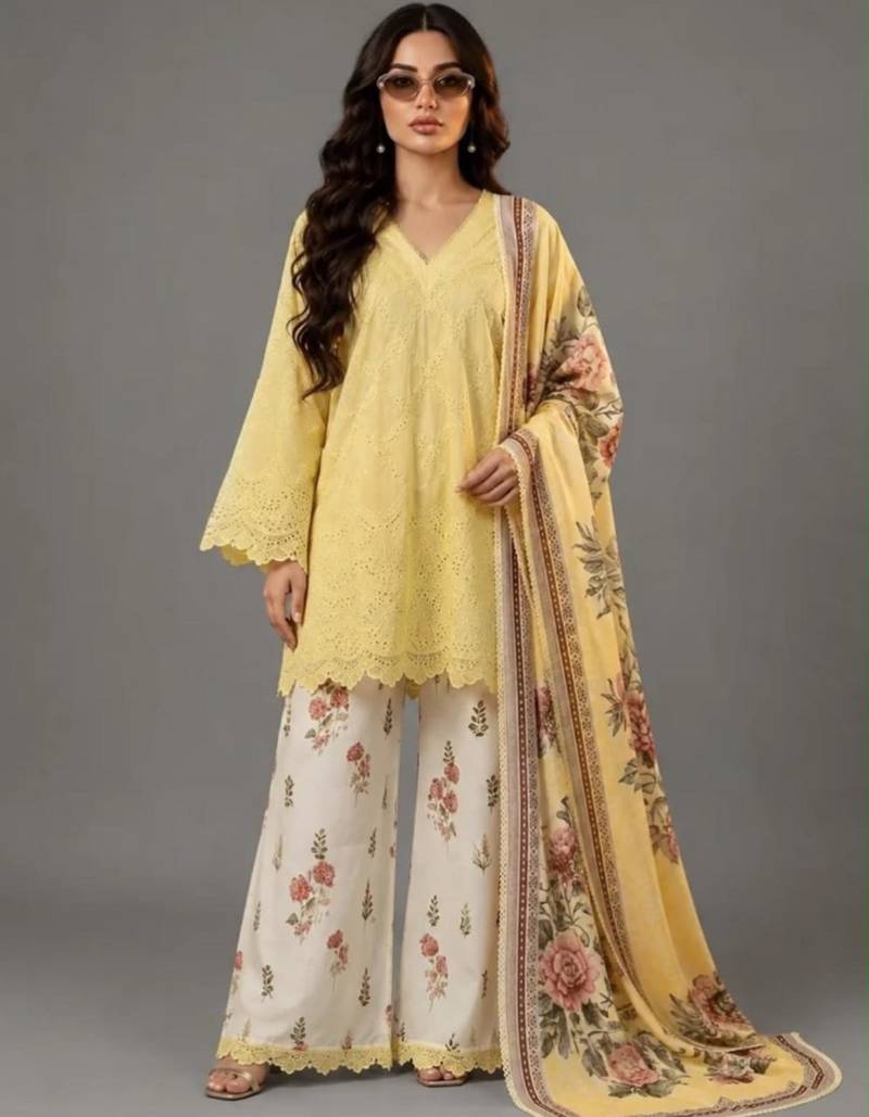 Yellow cotton poly embroidered palazzo set