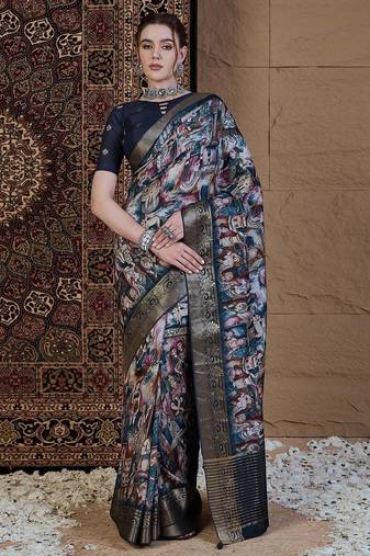 navy blue kalamkari zari pochampally viscose rayon saree
