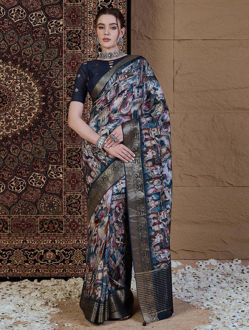 navy blue kalamkari zari pochampally viscose rayon saree