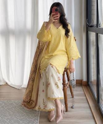 Yellow cotton poly embroidered palazzo set 2