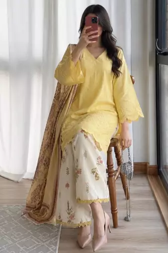 Yellow cotton poly embroidered palazzo set