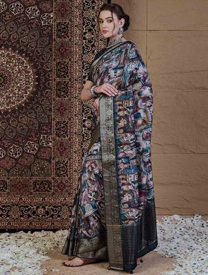 navy blue kalamkari zari pochampally viscose rayon saree 2