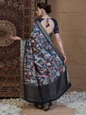 navy blue kalamkari zari pochampally viscose rayon saree 3