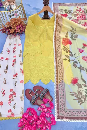 Yellow cotton poly embroidered palazzo set