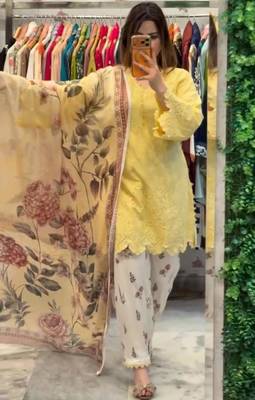 Yellow cotton poly embroidered palazzo set 4