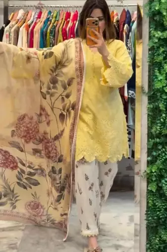 Yellow cotton poly embroidered palazzo set