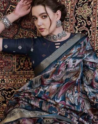 navy blue kalamkari zari pochampally viscose rayon saree 4