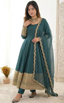 Dark-teal crepe embroidered flared gown set 1