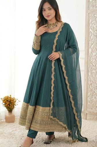 Dark-teal crepe embroidered flared gown set