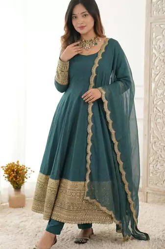 Dark-teal crepe embroidered flared gown set