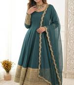 Dark-teal crepe embroidered flared gown set